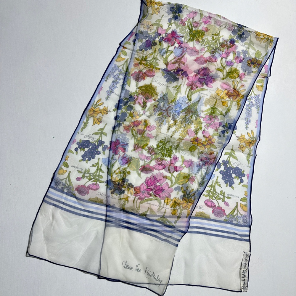 Vintage Diane Von Furstenberg Chic Sheer Scarf with Blue Accents